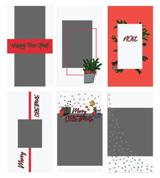 Set of christmas instagram stories templates in doodle style. Christmas and winter holiday photoframe for bloggers. Lovely social media frames for meeting New year and Christmas.