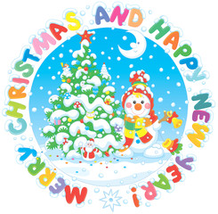 Christmas and New Year card with a funny smiling snowman, a colorfully decorated fir-tree and lettering design of holiday greetings with color letters, vector illustration in a cartoon style