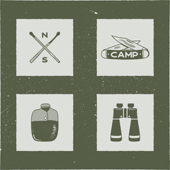 Set of 4 camping silhouette icons and symbols. Hiking equipment elements - matches, knifes, flask, binocular. Stock adventure emblems. Good for T-Shirt, mugs, other identity