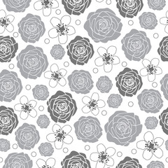 Roses and Dewberry-Flowers in Bloom seamless repeat pattern Background in Black Grey and White