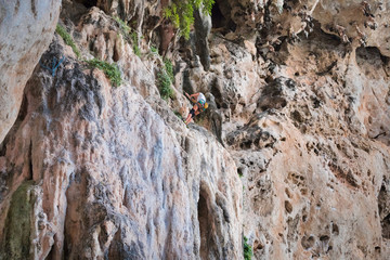 Young woman rock climbing on karst limestone white mountain in Thailand
