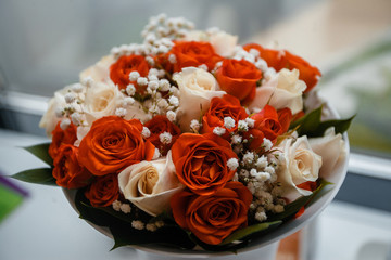 Elegant beautiful bouquet of red and white roses