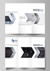 Tri-fold brochure business templates. Easy editable vector layout. Abstract design infographic background in minimalist style with lines, symbols, charts, diagrams and other elements.