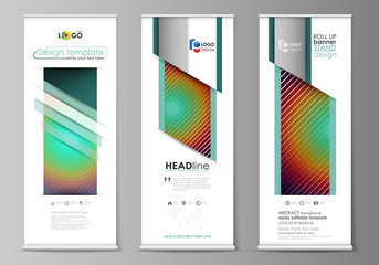 Roll up banner stands, abstract geometric style templates, corporate vertical vector flyers, flag layouts. Minimalistic design with circles, diagonal lines. Geometric shapes forming retro background.
