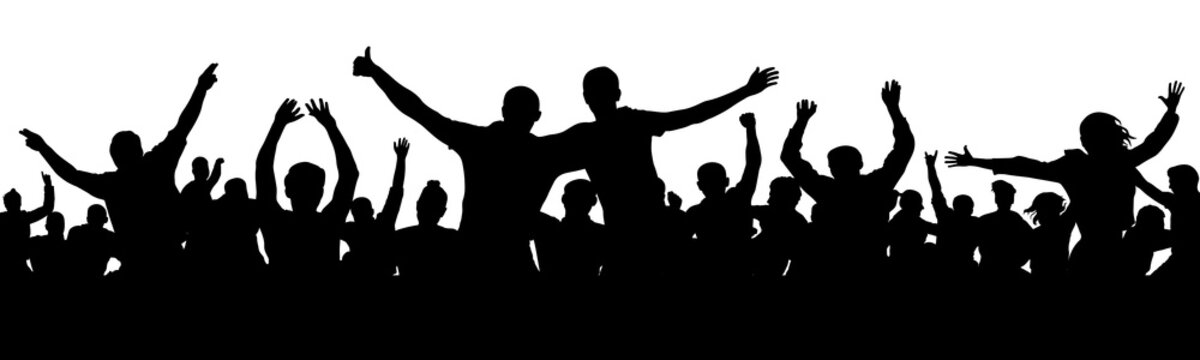 Cheerful people having fun celebrating. Group of friends, youth. Crowd of fun people on party, holiday. Applause people hands up. Silhouette Vector Illustration