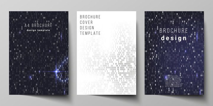 Vector layout of A4 format cover mockups design templates for brochure, magazine, flyer, booklet, report. Binary code background. AI, big data, coding or hacker concept, digital technology background