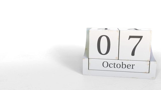 Wooden blocks calendar shows October 7 date, 3D animation