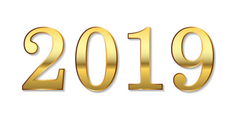 Happy New Year background. Gold 3D number 2019 isolated on white. Bright golden design for greeting card, Christmas banner, holiday celebration, decoration poster, calendar. Vector illustration