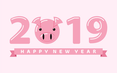 Happy New Year 2019 Year of The Pig. Happy New Year 2019. Cute pink pig. Chinese symbol of the 2019 year. Year of the PIG. Excellent festive gift card. Vector illustration on pink background.