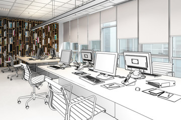 Computer Workplace Inside a Business Center (drawing) - 3d illustration