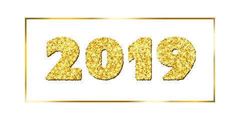 Happy New year card. Gold number 2019 in frame, isolated white background. Golden texture Christmas glitter design. Holiday celebration, decoration, greeting banner. Vector illustration