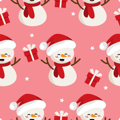 Seamless pattern of cute snowman wearing Santa hat with red gift boxes and stars on pink background. Vector illustration.