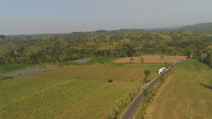 aerial view agricultural landscape in Asia with rice fields and farmland.