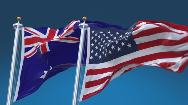 4k Seamless United States of America And Australia Flags with blue sky background,A fully digital rendering,The flag 3D animation loops at 20 seconds,USA AUS AU.