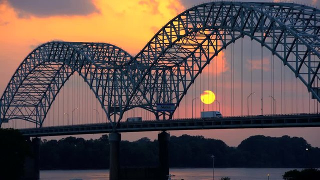 Sunset view of the Hernando DeSoto Bridge Southern Tennessee on Interstate 40 across the Mississippi River United States of America