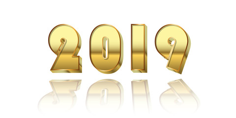 Happy New Year background. Gold 3D number 2019 isolated on white. Bright golden design for greeting card, Christmas banner, holiday celebration, decoration poster, calendar. Vector illustration