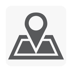 Gps pin on paper map. Vector design of icon, sign or symbol. Include road, street and city. May called pointer, guide for position of place. Concept for geography, cartography, travel, trip, journey.