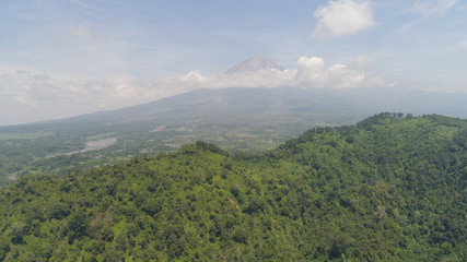 mountain landscape mountains covered green tropical forest, blue sky. aerial view slope mountain forest with large trees and green grass. Jawa, Indonesia