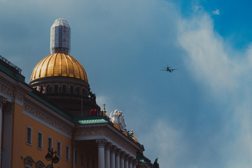 Military aircraft in the sky over St. Petersburg