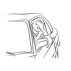 Vector line illustration of a man in traffic on a road