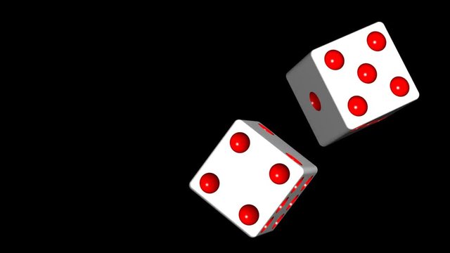 looping pair of spinning white dice over black background