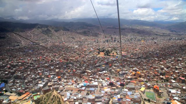 Aerial Bolivian view from cable car transit system El Alto La Paz homes and commercial buildings
