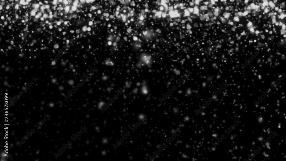 Poster falling glittering snowflakes with black background. snowfall render animation with big snowflakes a