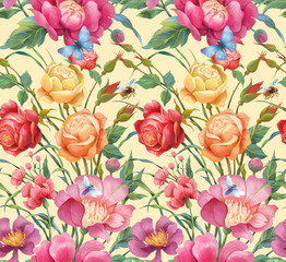       Peonies and roses seamless background pattern. Version 3