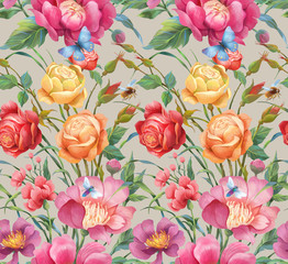       Peonies and roses seamless background pattern. Version 5