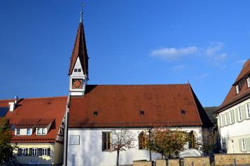 Chapel St. Odile (Ottilienkapelle) in Plochingen with artistic formed interior, crucifix, altar and historic floor tiles