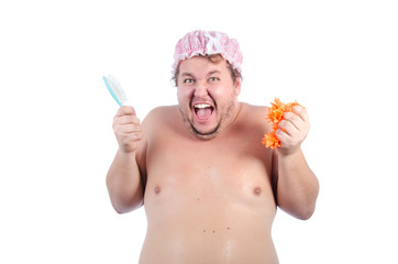 Shower and funny fat man. White background.