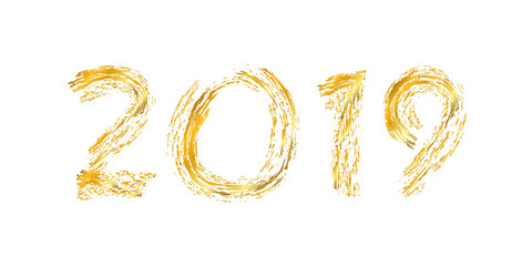 Happy New Year gold number 2019. Bright golden design with sparkle, isolated white background. Holiday glitter typography for Christmas banner, calendar, decoration, greeting card. Vector illustration