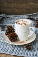 Cocoa with mini marshmallows in a white mug on a gray knitted scarf