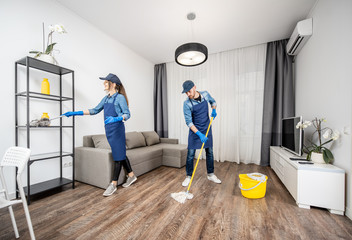 Professional cleaners in blue uniform washing floor and wiping dust from the furniture in the...