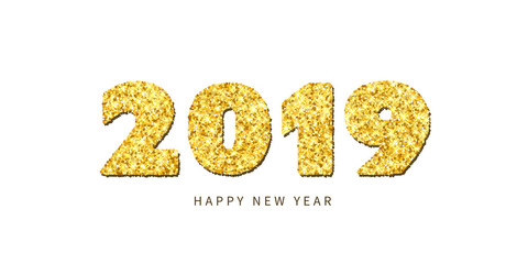 Happy New year card. Gold number 2019 with text, isolated white background. Golden texture Christmas glitter design. Holiday celebration, decoration, greeting banner. Vector illustration