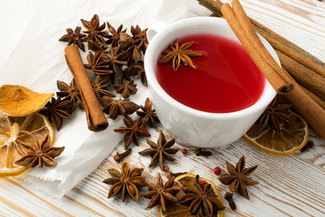 Red mulled wine with spices and dried fruits