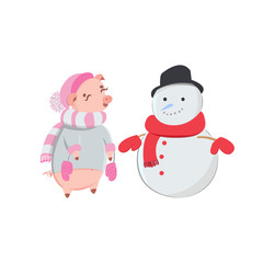 Cute piglet in pink hat and striped scarf looking at snowman. Winter holidays leisure. 2019 symbol.