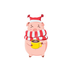 Cute piggy holding cup with hot coffee isolated on white background. Happy piglet in scarf and hat in winter season.