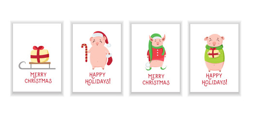 Christmas cards with cute piglets isolated on white background. Winter holidays greeting cards with piggies.
