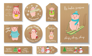 Fototapeta na wymiar Christmas set of tags with piggies on holidays. Winter holidays craft paper tags. Gift tags set for your design.