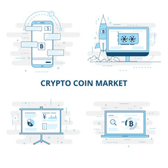 Cryptocurrency Crypto Coin Market Line Art Vector Illustration