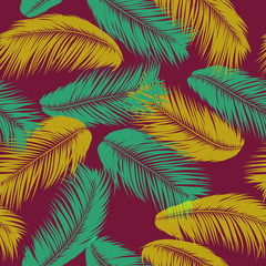 Fototapeta na wymiar Vector Feathers. Tropical Seamless Pattern with Exotic Jungle Plants. Coconut Tree Leaf. Simple Summer Background. Illustration EPS 10. Vector Feathers Silhouettes or Hawaiian Leaves of Palm Tree.