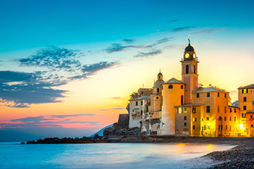 Sunset on the sea, Camogli, Liguria, Italy - obrazy, fototapety, plakaty