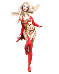 Warrior amazon woman in red raincoat and boots. Long blonde hair. Muscular athletic body. Girl standing candid provocative pose. Conceptual fashion art. Realistic 3D rendering isolate illustration.