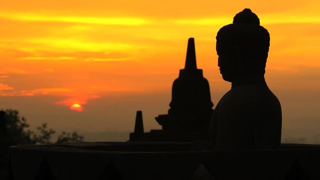 View at sunrise of Borobudur religious temple and monument Java