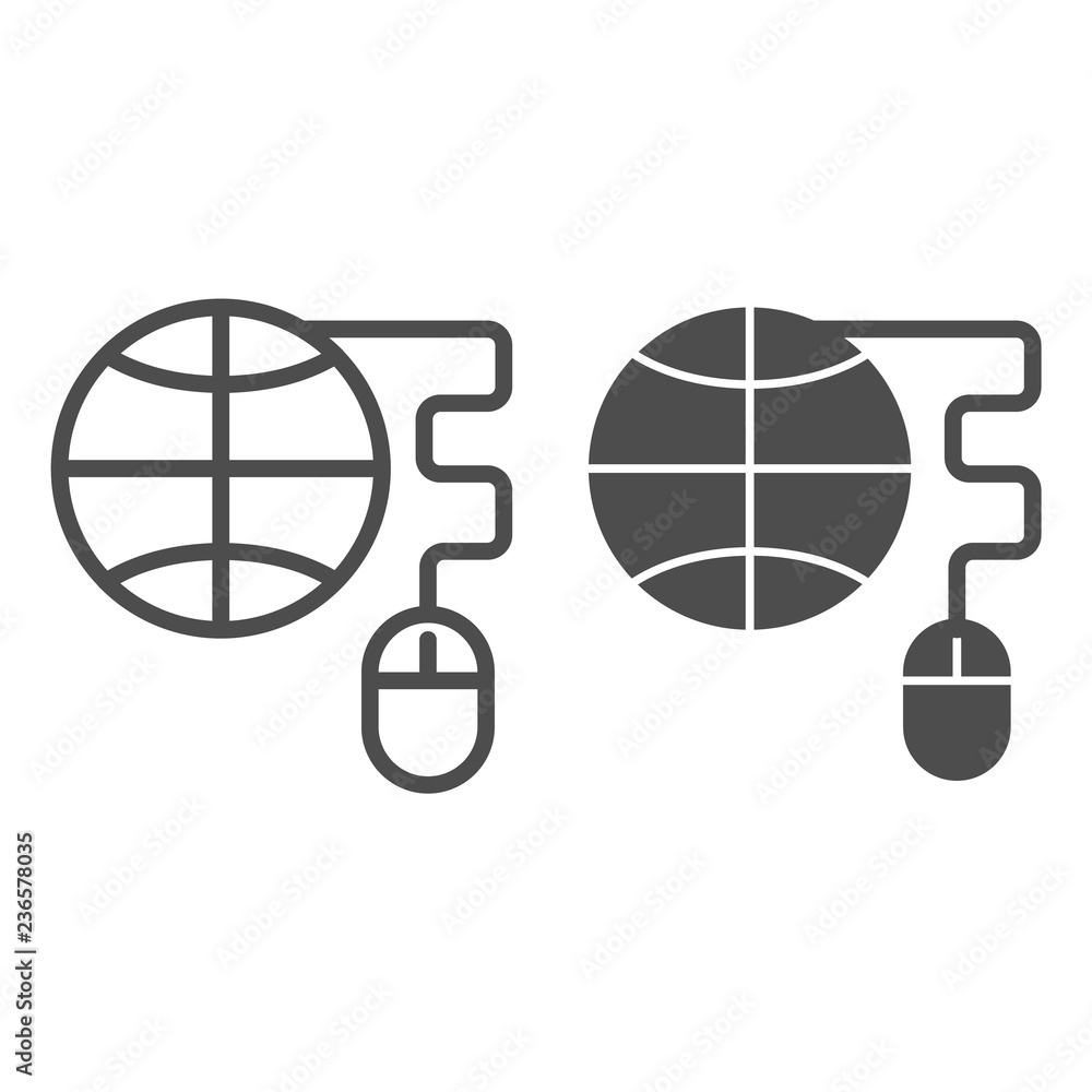 Poster globe with computer mouse line and glyph icon. planet and mouse vector illustration isolated on whit