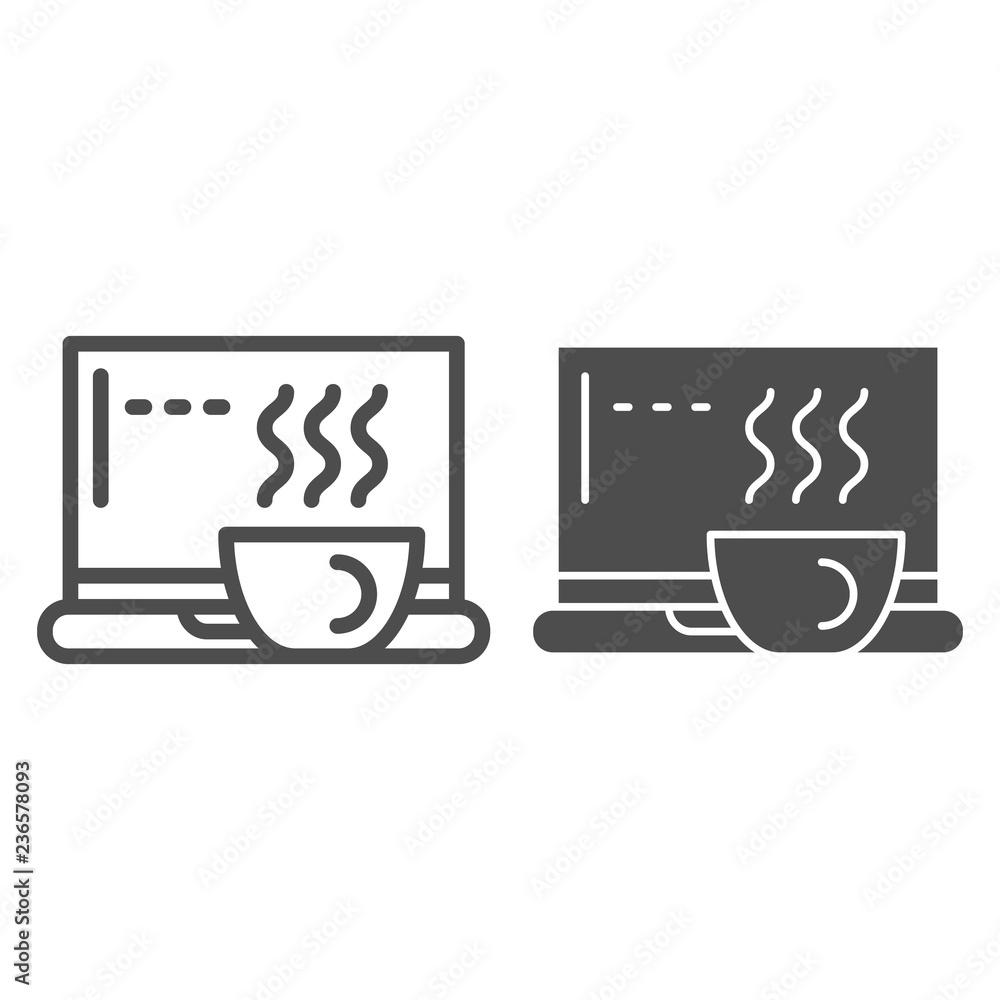 Poster laptop with cup line and glyph icon. notebook with a mug vector illustration isolated on white. comp
