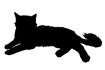 Cute fluffy cat lays. Vector illustration of black silhouette of kitty isolated on white background. Element for your design, print, sticker