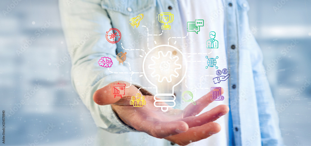 Poster businessman holding a bulb lamp idea concept with start up icon connected 3d rendering