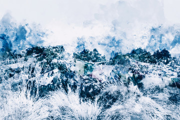 Abstract painting of forest in blue tone, Digital watercolor painting